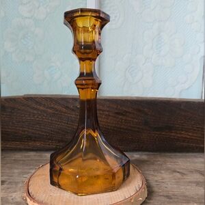 Vintage Amber Glass Taper Candle Holder – Faceted Hexagon Base